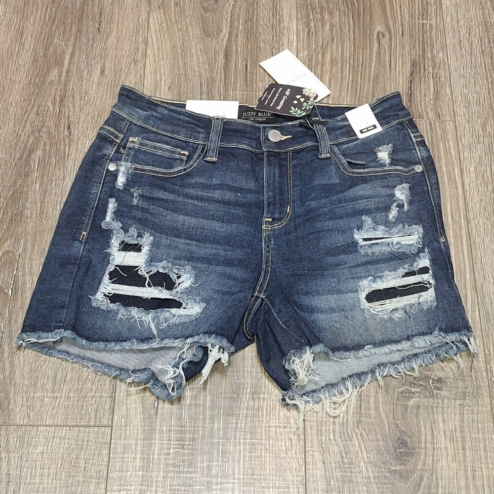 Judy Blue Women's Patch Cutoff  Ripped Jean Shorts - Dark Blue Size Small